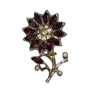Vtg Gold Tone Floral Brooch Amethyst Glass Marquis Cut Purple Clear Rhinestones